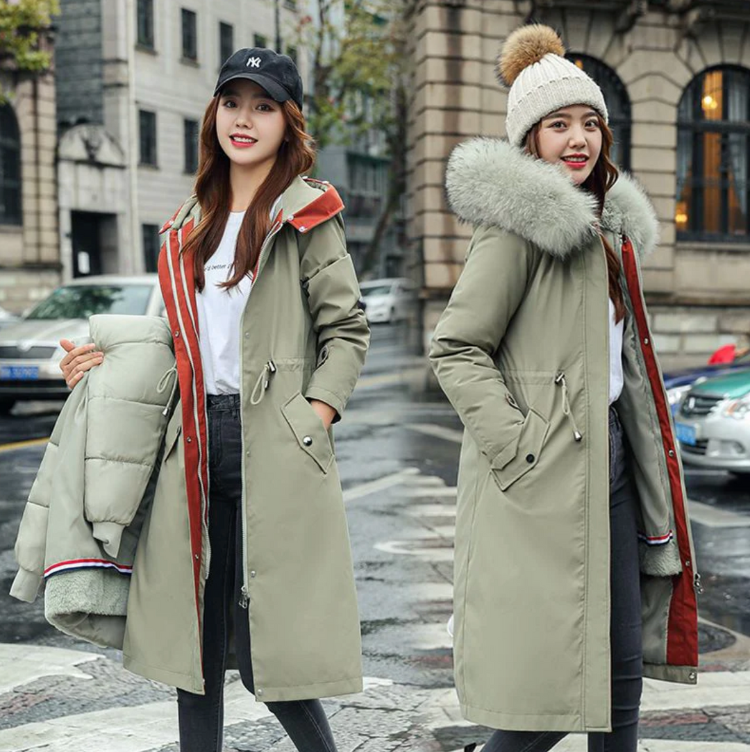 Parka informal con cuello de piel y capucha de invierno para mujer